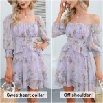 EXLURA Womens Floral Ruffle Summer Dress Sundress Tiered Square Neck Long Sleeve Off Shoulder Smocked Skater Mini Dress - Image 4